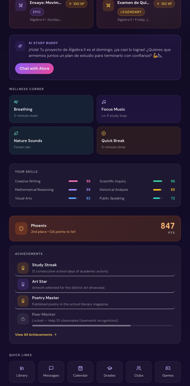 Student portal on mobile: wellness corner, skills, house points, and achievements